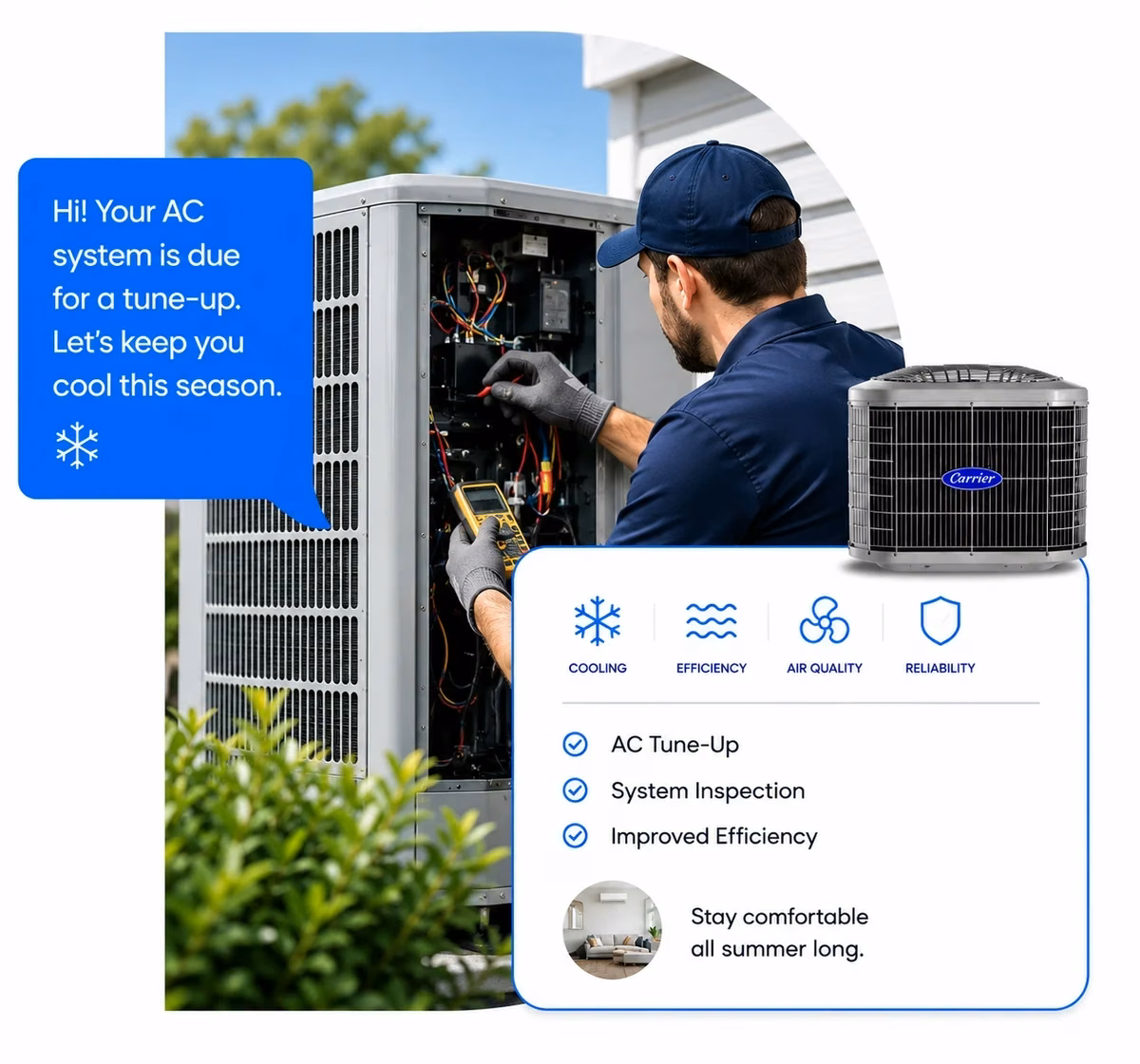 Aaero AC service infographic: tune-up reminder, system inspection, and improved efficiency to keep your Marin home cool all summer