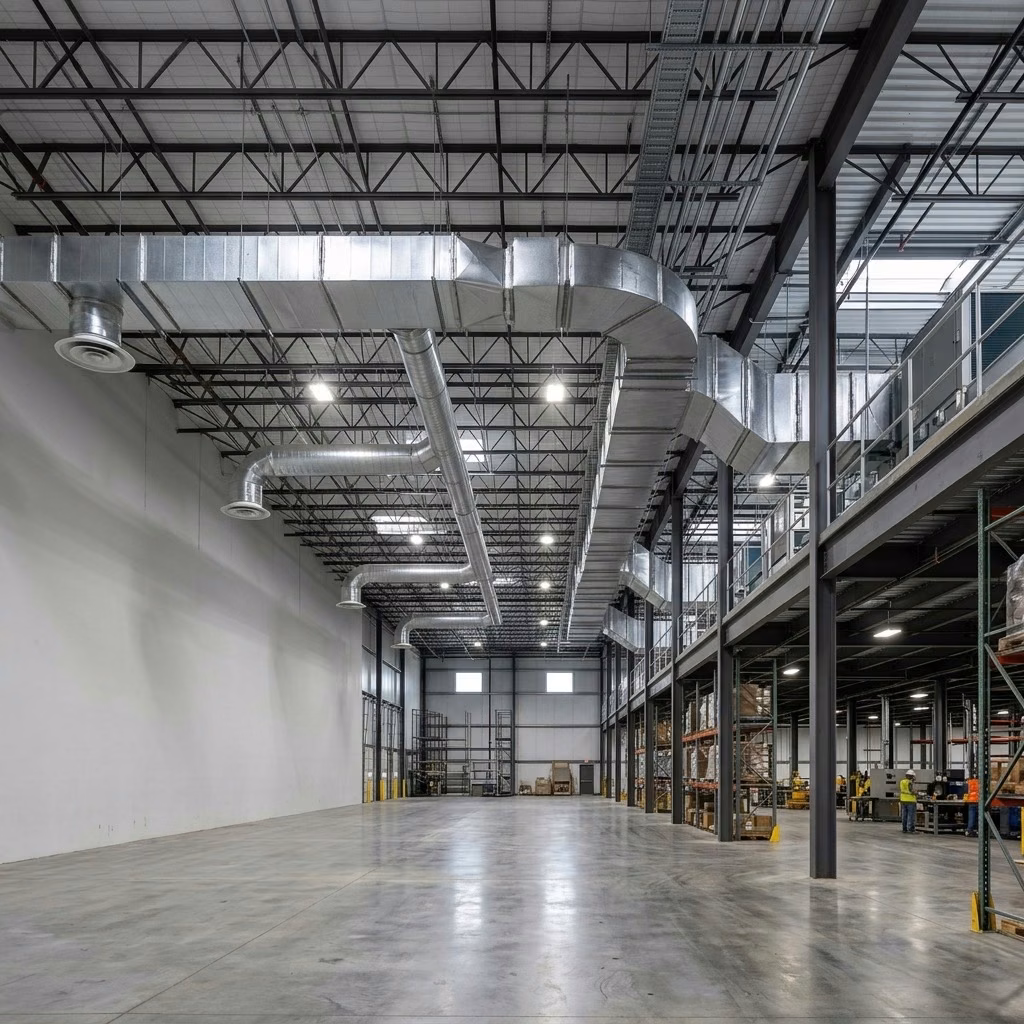 Custom high-airflow ductwork fabricated in the Aaero sheet metal shop in Marin County