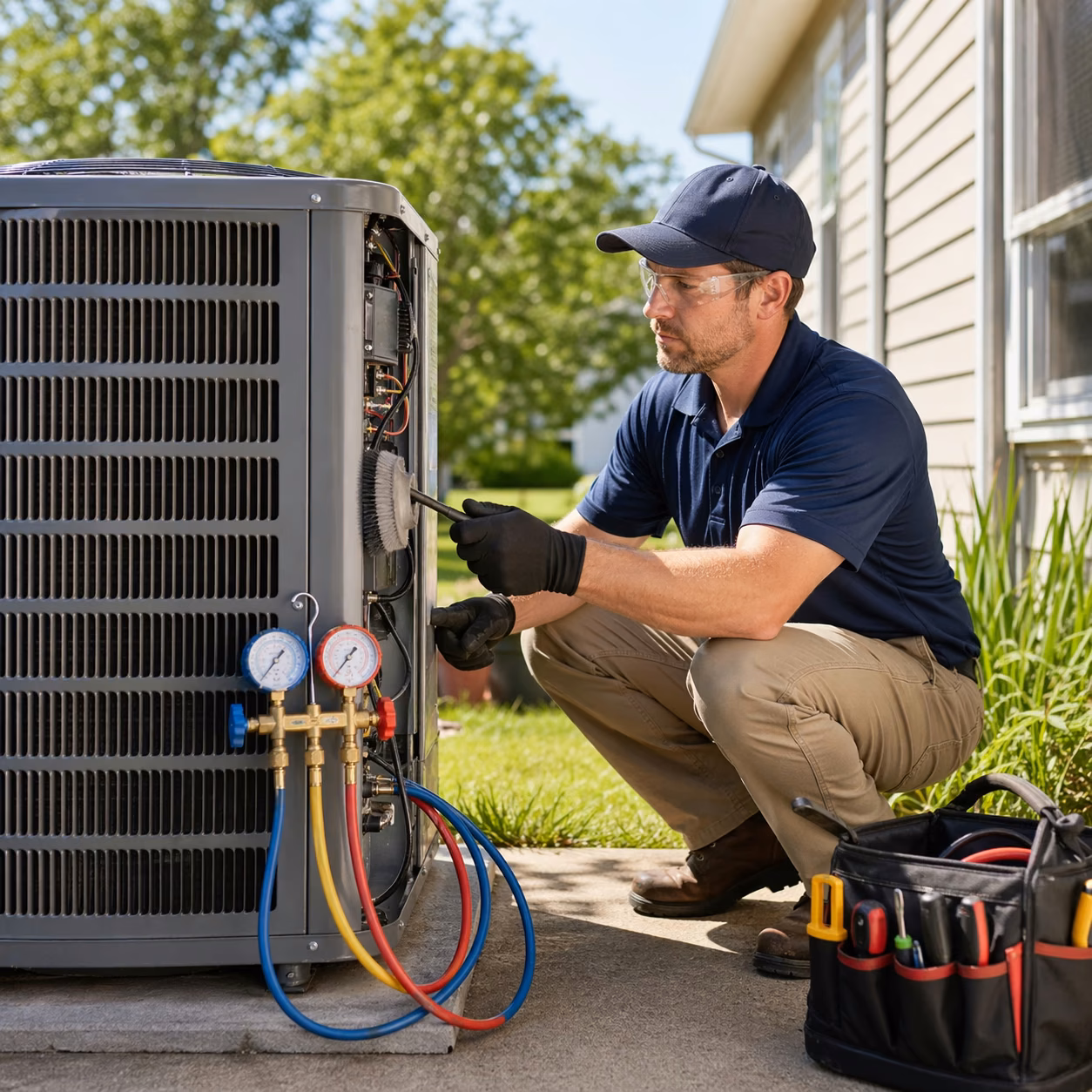 AAERO HVAC technician arriving to service an outdoor air conditioning condenser at a Marin County California home